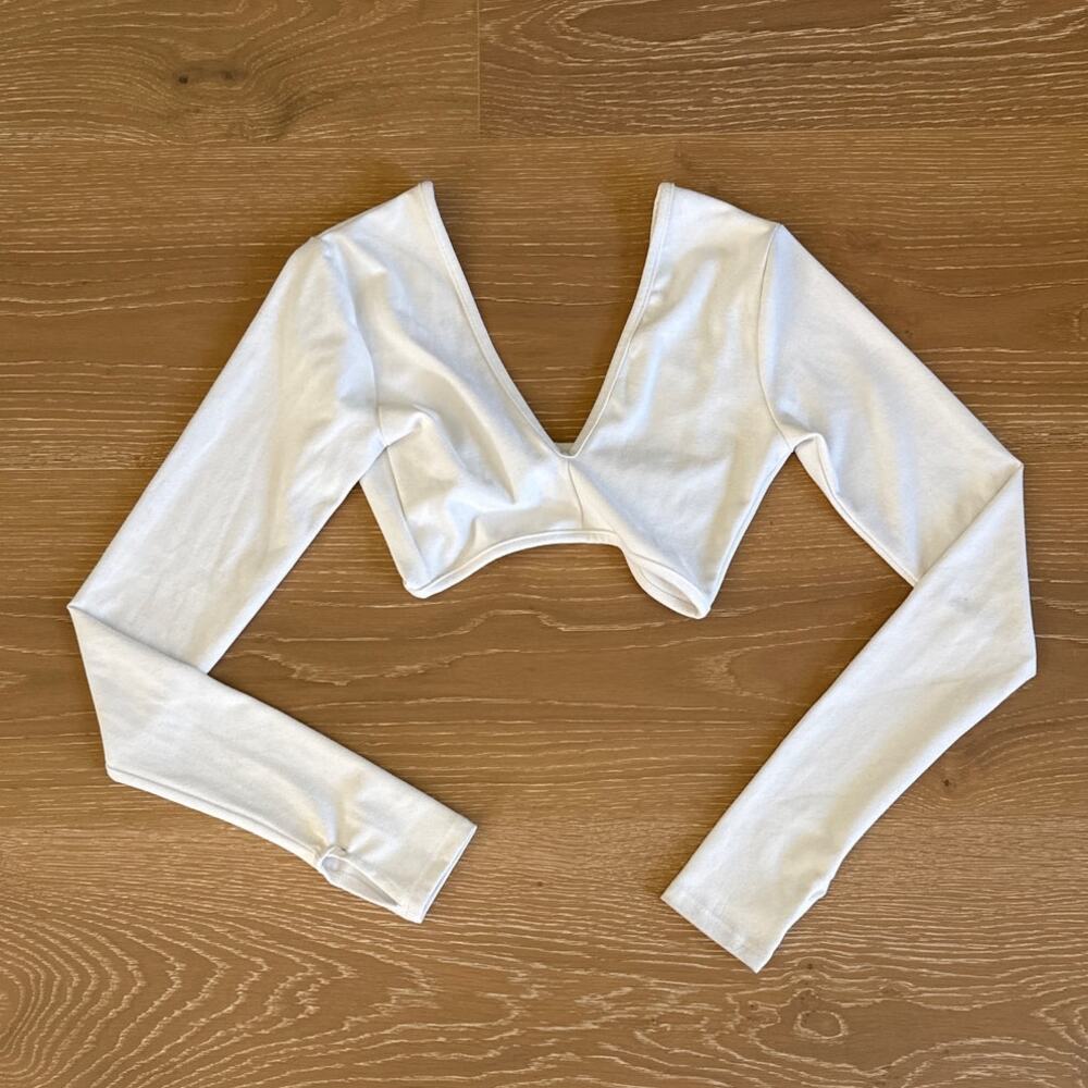 Joah Brown Crop Top Long Sleeve V Neck V back Size XS/X White - Picture 6 of 8